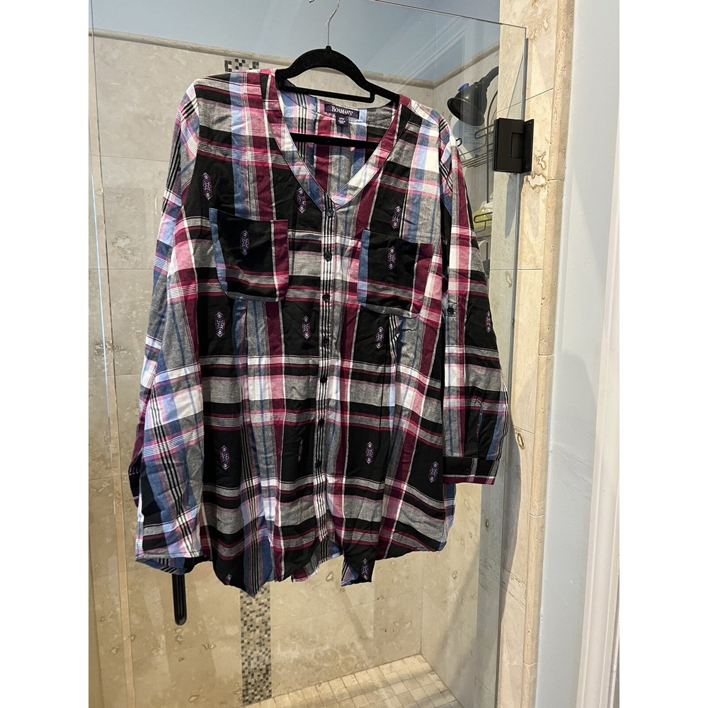 Roaman's Plus Size Plaid Flannel Button Front Shirt Pink Blue Black 22W